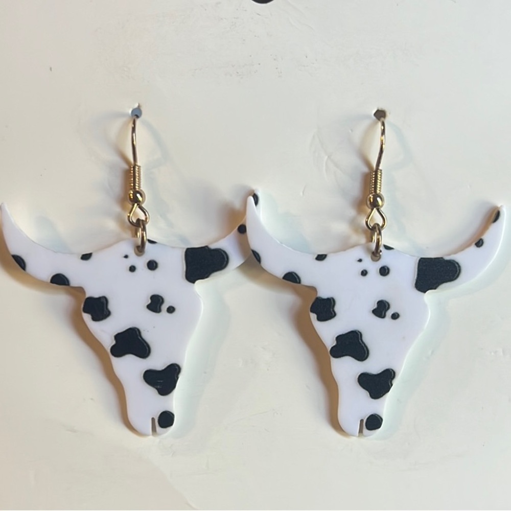 Cow Print Bull Skull Earrings
